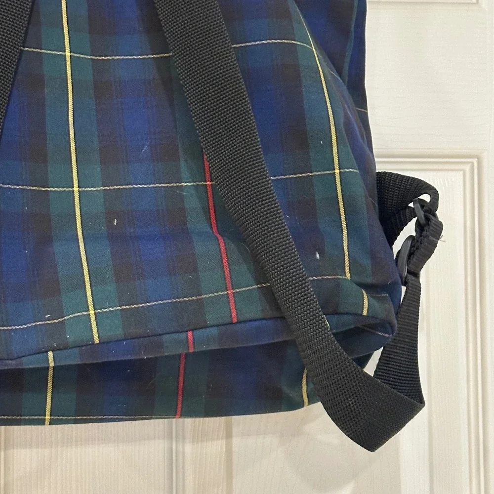 Vintage Plaid Backpack Navy Green Tartan School Bag Buckle Closure Large